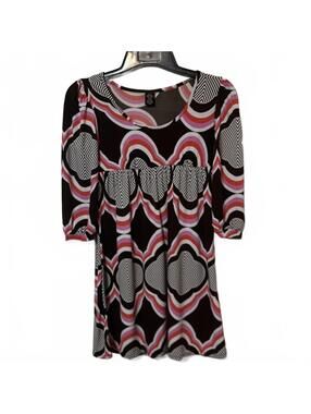 V1 Black Pink Couture Retro Artsy Abstract Print Flowy 3/4 Sleeved Dress  Medium